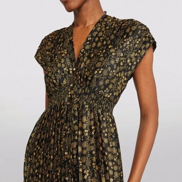 NWT Sandro Vienne Pleated Printed Satin-twill Midi Dress In Black (Size 34)